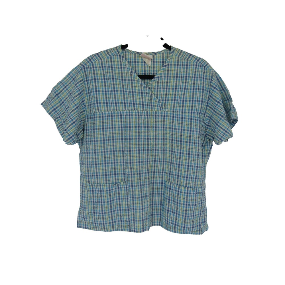 Peaches Scrub Top Womens XL Blue Green Plaid Cotton Mock Wrap V-Neck Med Tech